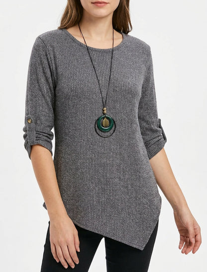 Gerippter Pullover mit aufkrempelbaren langen Ärmeln - Grau