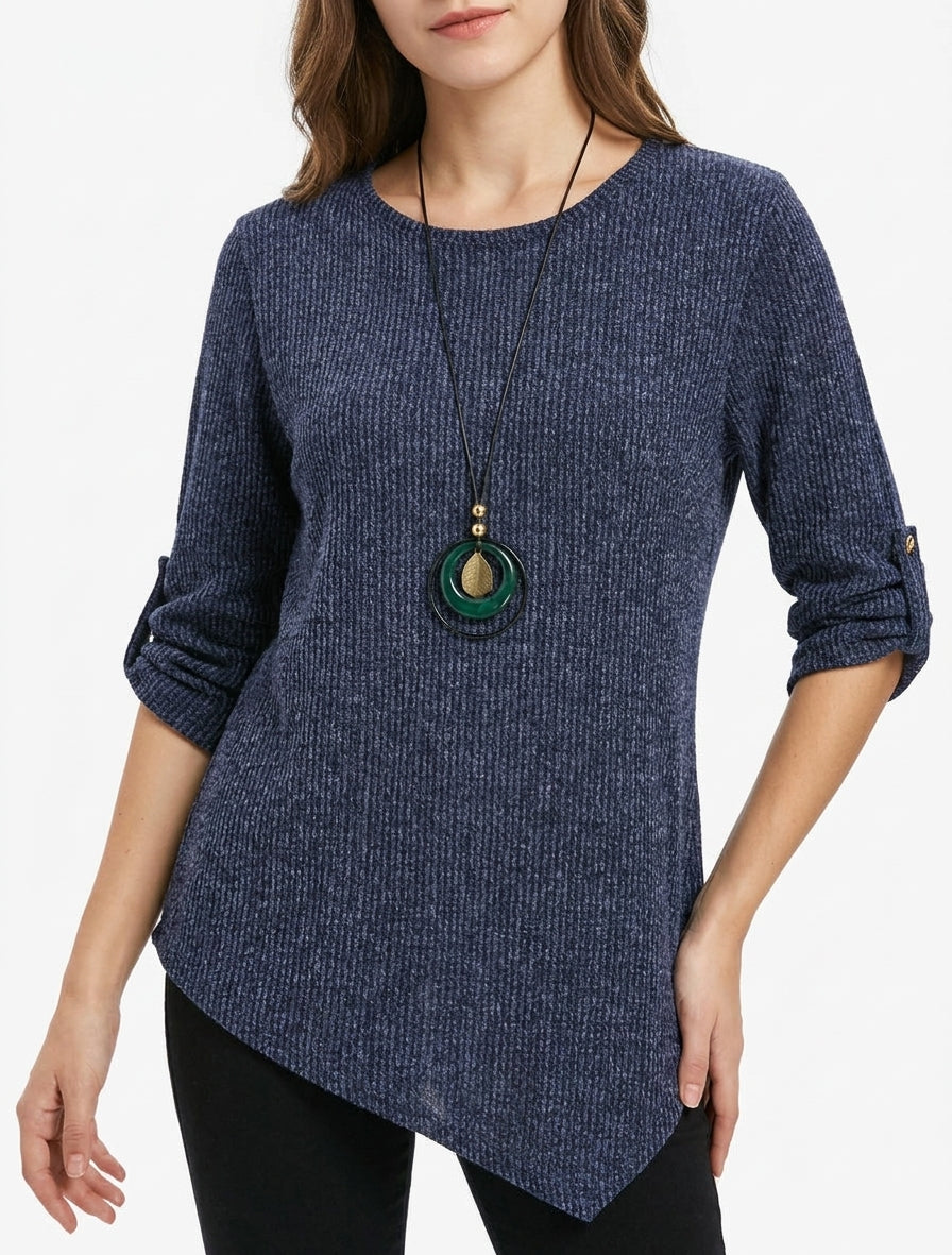 Gerippter Pullover mit aufkrempelbaren langen Ärmeln - Marine