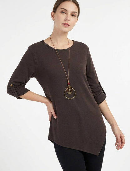 Einfarbiger Pullover mit aufrollbaren langen Ärmeln - Braun