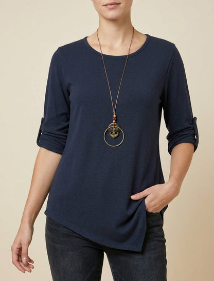 Einfarbiger Pullover mit aufrollbaren langen Ärmeln - Marine