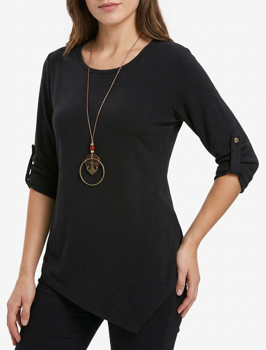 Einfarbiger Pullover mit aufrollbaren langen Ärmeln - Schwarz