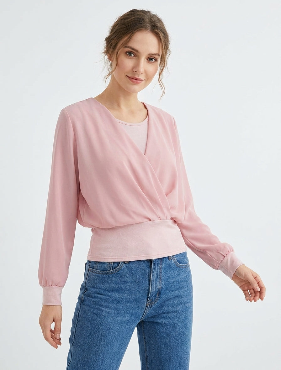 Oberteil mit Fledermausärmeln und Wickeloptik - Rose