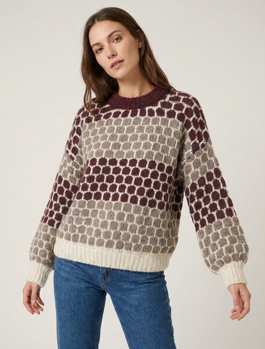 Pullover aus Mohair-Mischung mit Rundmuster - Bordeaux/Taupe