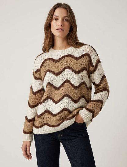Pullover aus Mohair-Mischung mit gebogenem Streifenmuster - Kamel/Naturweiß