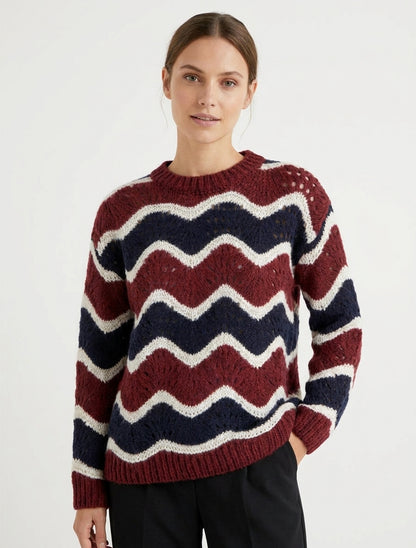 Pullover aus Mohair-Mischung mit gebogenem Streifenmuster - Marine/Bordeaux