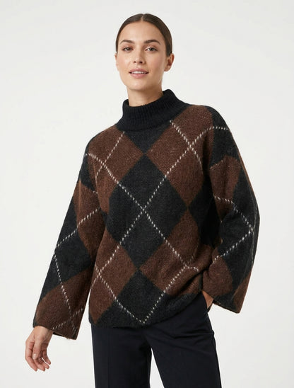 Rollkragenpullover mit Karomuster aus Mohair-Mischung - Braun