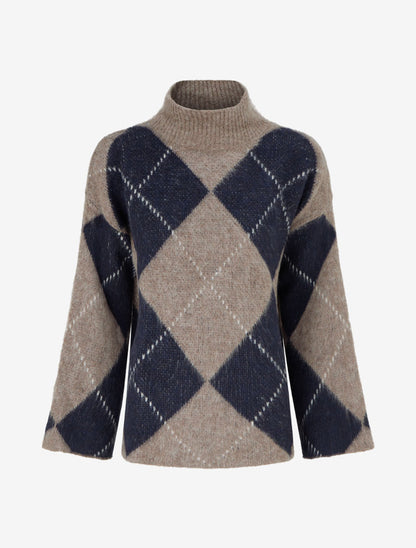 Pull à col montant et motif carreaux en mohair mélangé - Taupe - 1