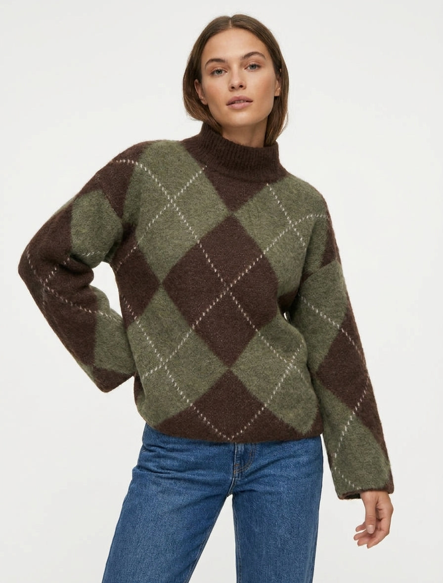 Rollkragenpullover mit Karomuster aus Mohair-Mischung - Kaki