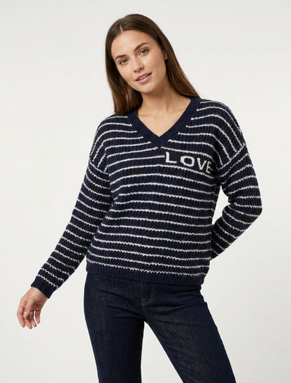 Mohair-Pullover mit LOVE-Schriftzug und Streifen - Marine