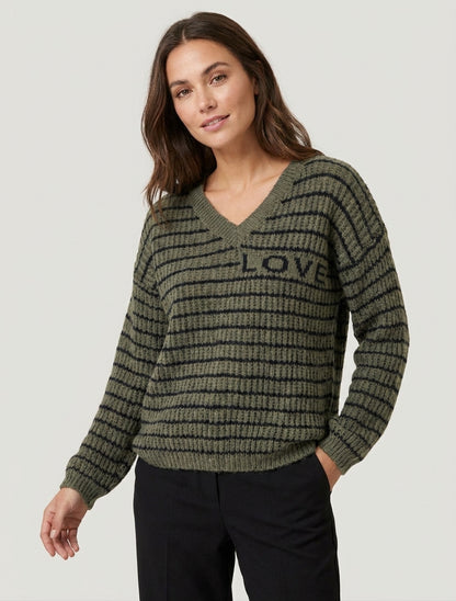 Mohair-Pullover mit LOVE-Schriftzug und Streifen - Kaki