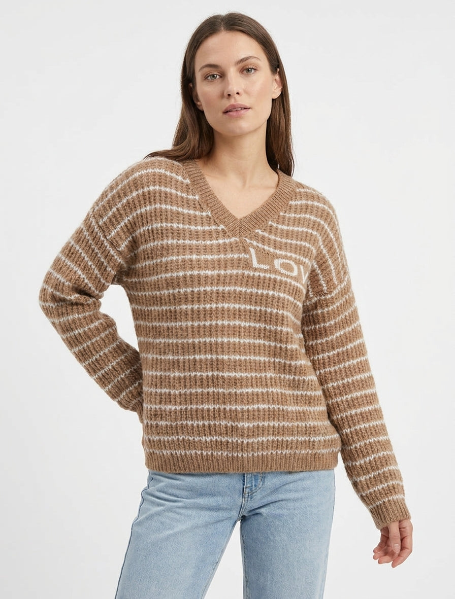 Mohair-Pullover mit LOVE-Schriftzug und Streifen - Kamel