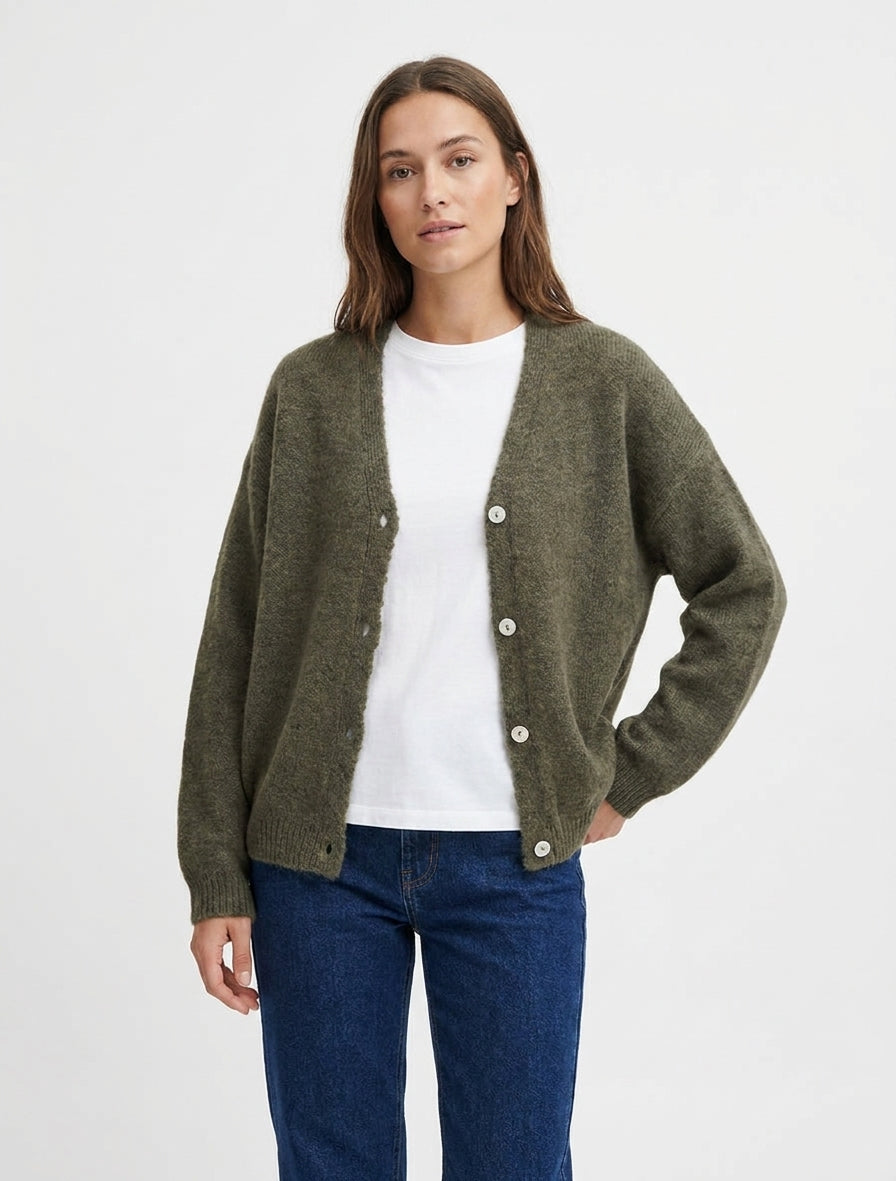 Weit geschnittener Mohair-Pullover mit V-Ausschnitt - Kaki