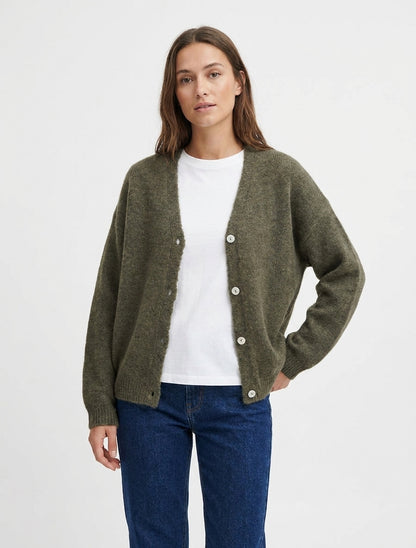 Weit geschnittener Mohair-Pullover mit V-Ausschnitt - Kaki