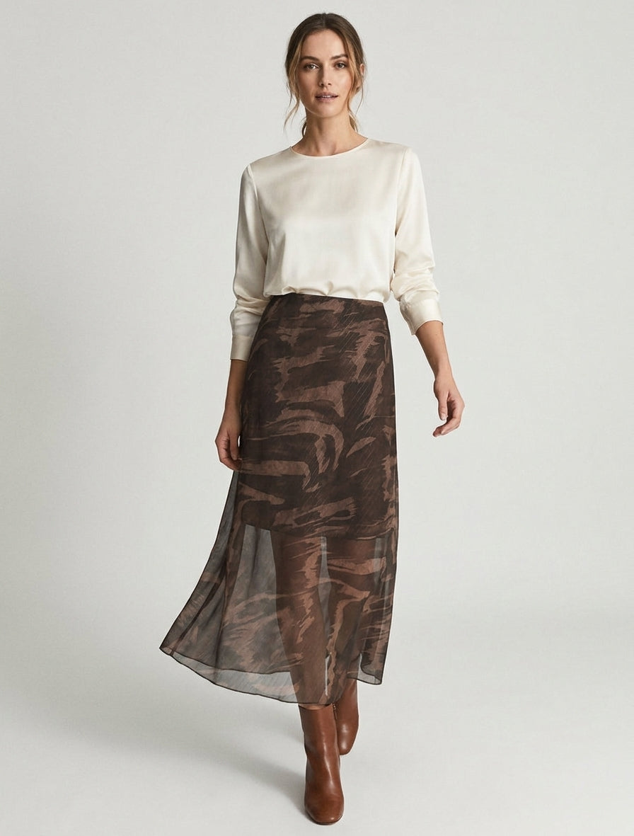 Langer gerader Rock aus irisierendem Voile mit abstraktem Druck - Braun
