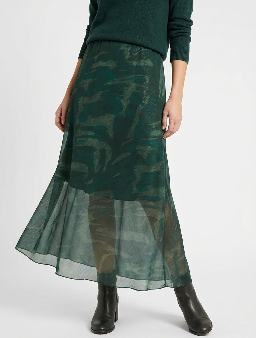 Langer gerader Rock aus irisierendem Voile mit abstraktem Druck - Dunkelgrün