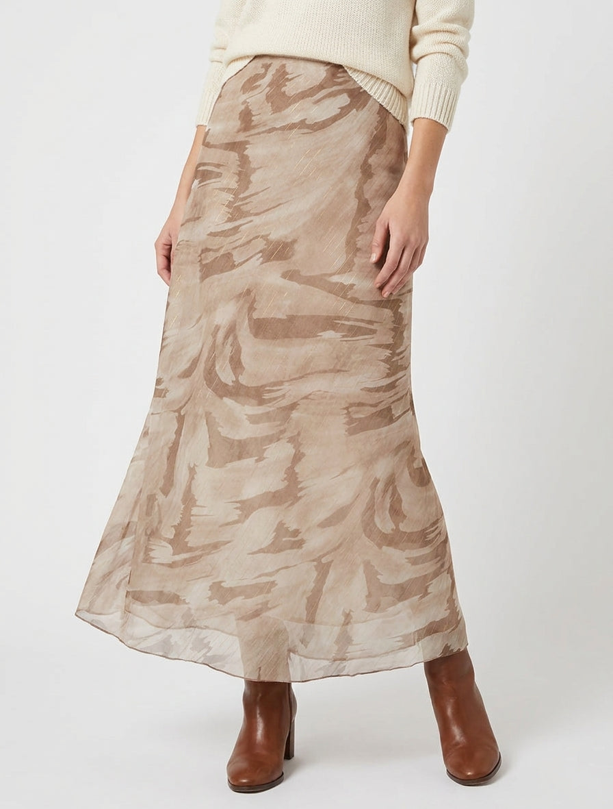 Langer gerader Rock aus irisierendem Voile mit abstraktem Druck - Beige