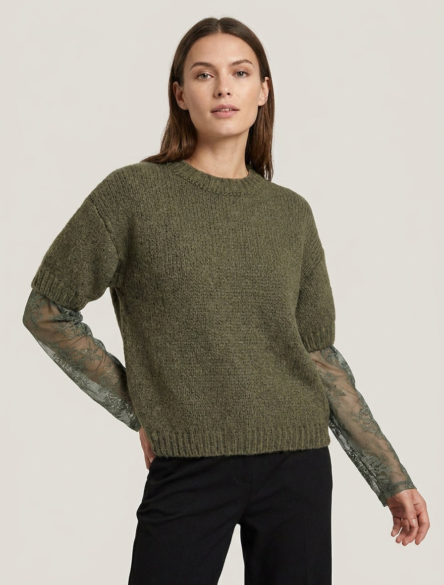 Unifarbener Pullover mit langen Ärmeln aus zwei Materialien - Kaki