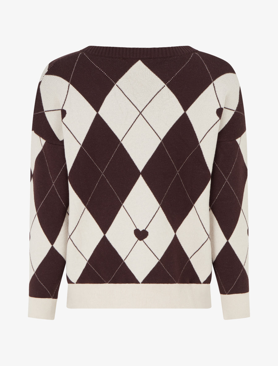 Pull à col V motif carreaux et coeur - Marron/beige - 2