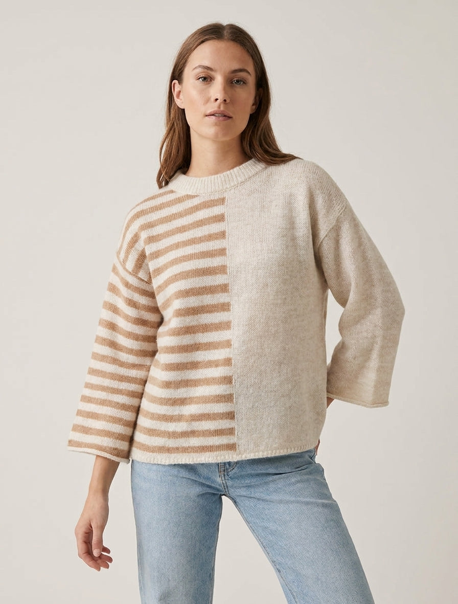 Pullover aus Mohair-Mischung mit Streifen und Rundhalsausschnitt - Beige
