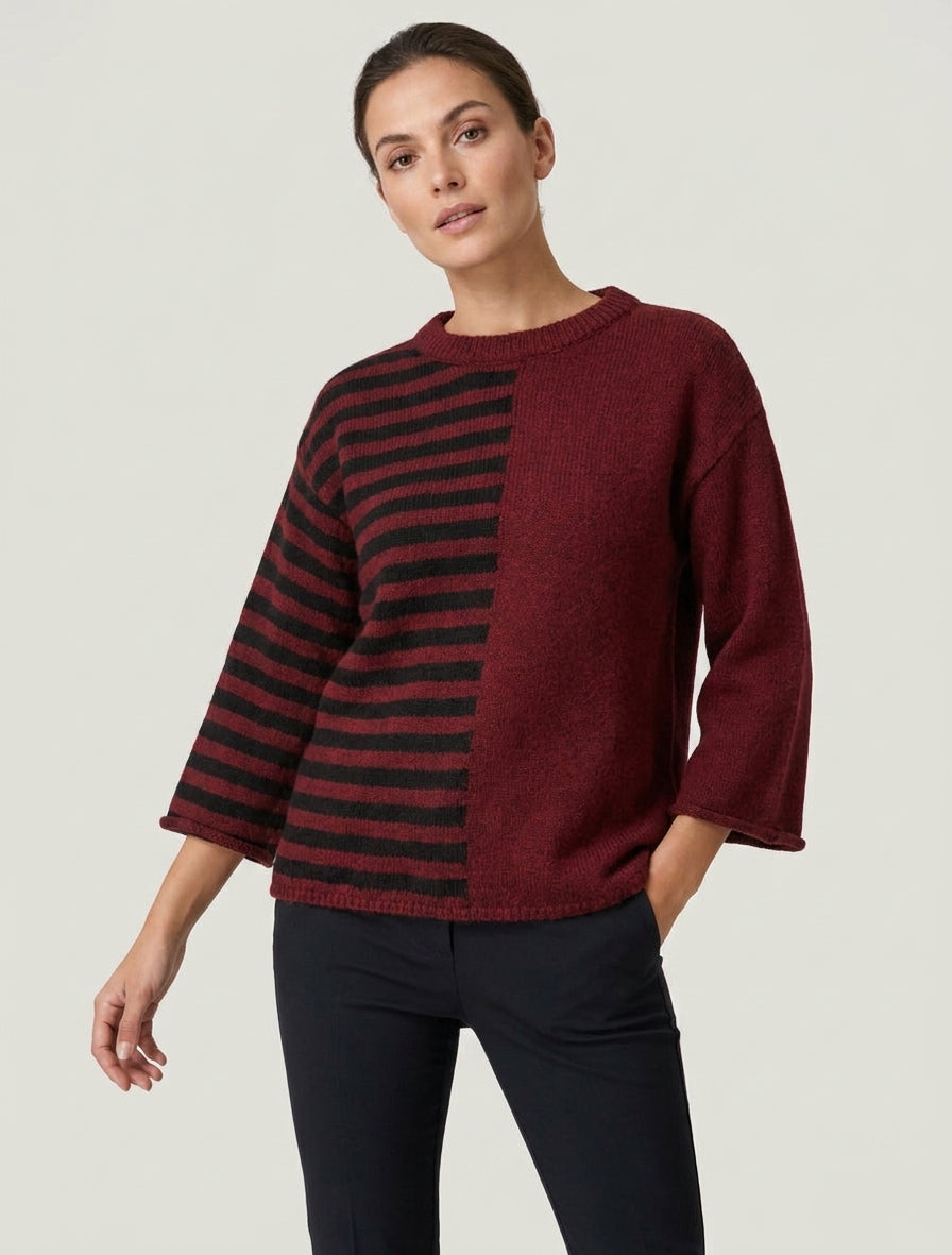 Pullover aus Mohair-Mischung mit Streifen und Rundhalsausschnitt - Bordeaux