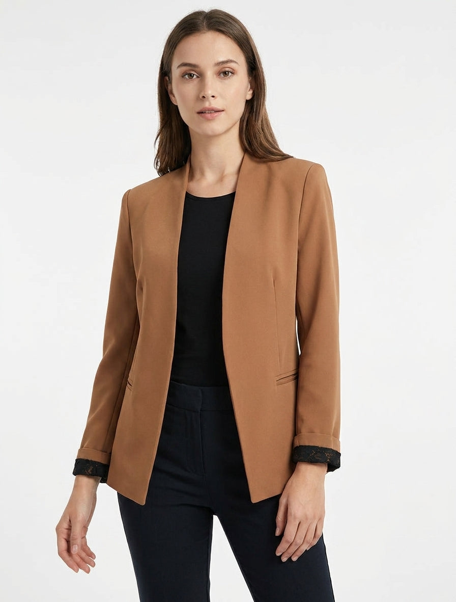 Gerade geschnittener Blazer mit Schulterpolstern - Kamel