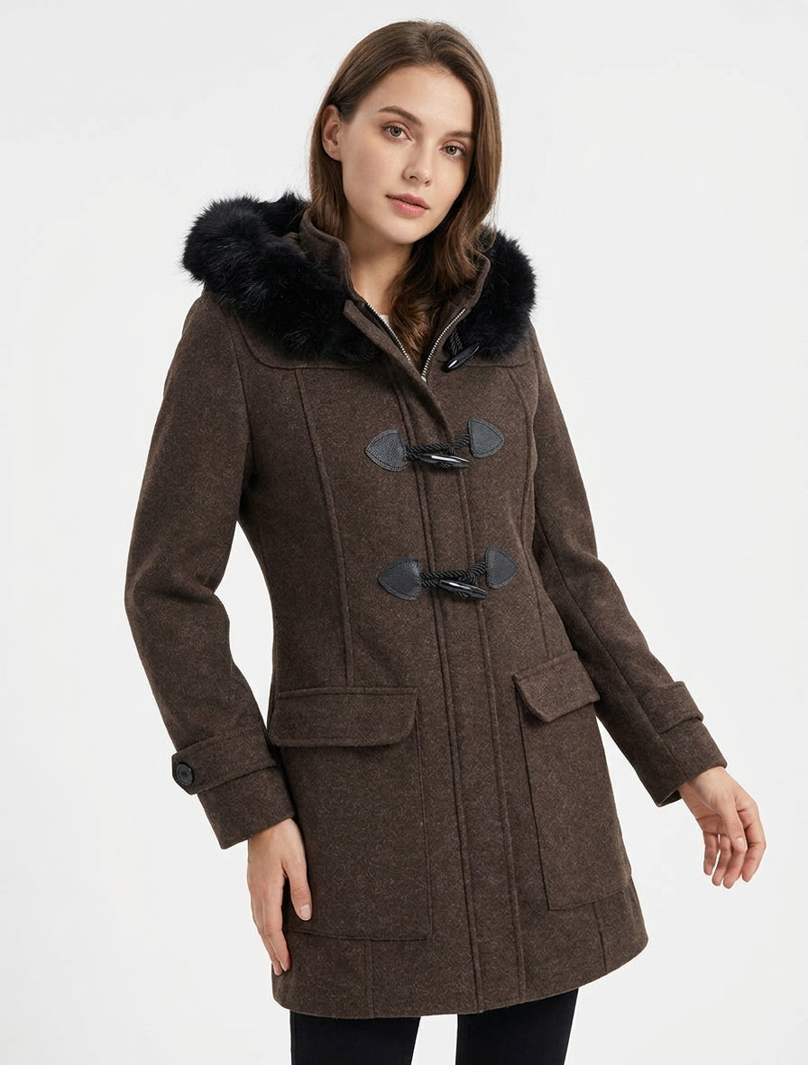 Einfarbiger Dufflecoat mit Kapuze - Braun