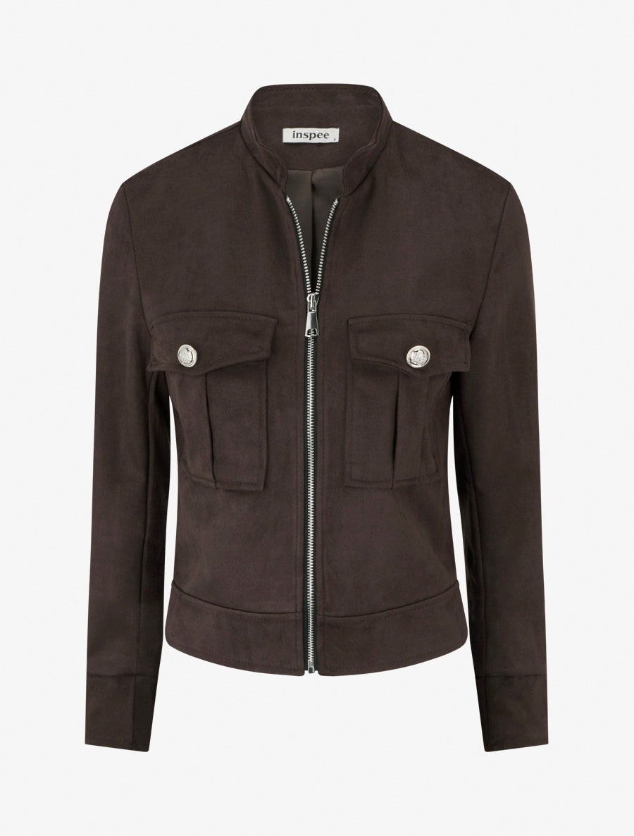 Reißverschlussjacke aus Wildlederimitat mit Klappentasche - Braun