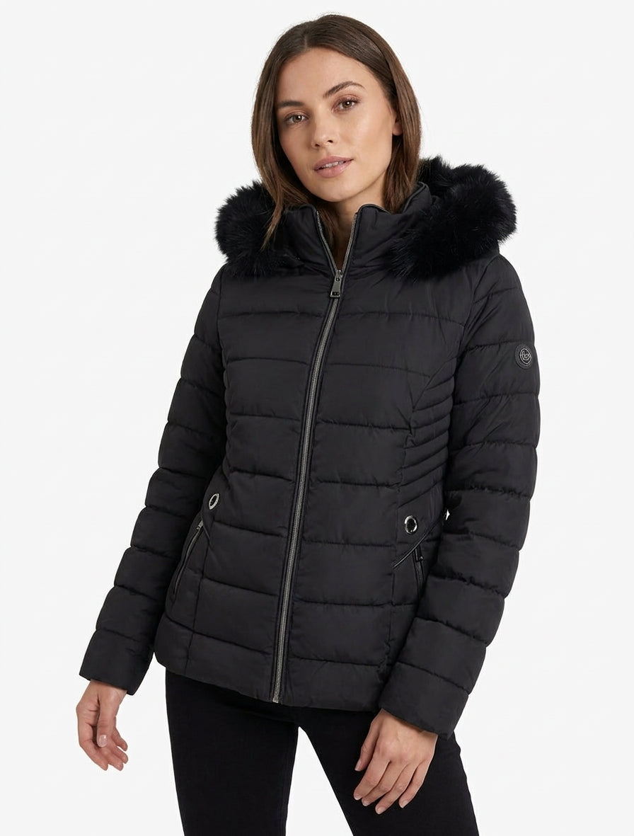 Daunenjacke mit Fellkapuze - Schwarz