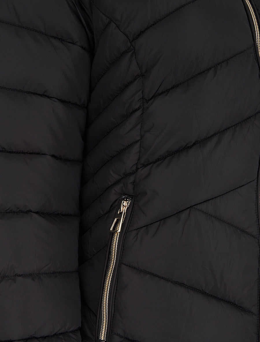 Doudoune coupe cintrée à capuche amovible ornée de fourrure - Noir - 3