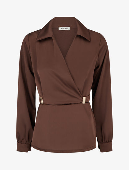 Blouse satinée à taille élastiquée - Marron - 1