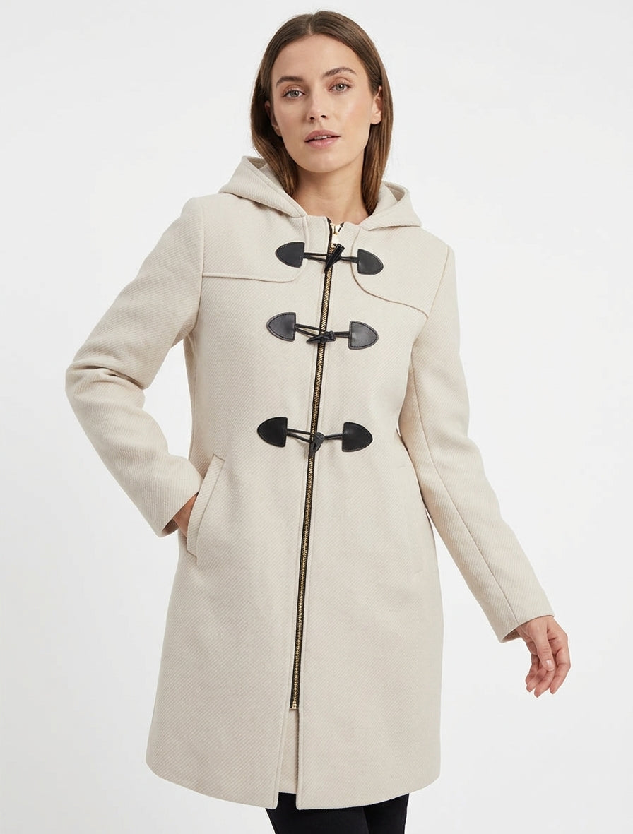 Einfarbiger Dufflecoat mit Kapuze - Creme