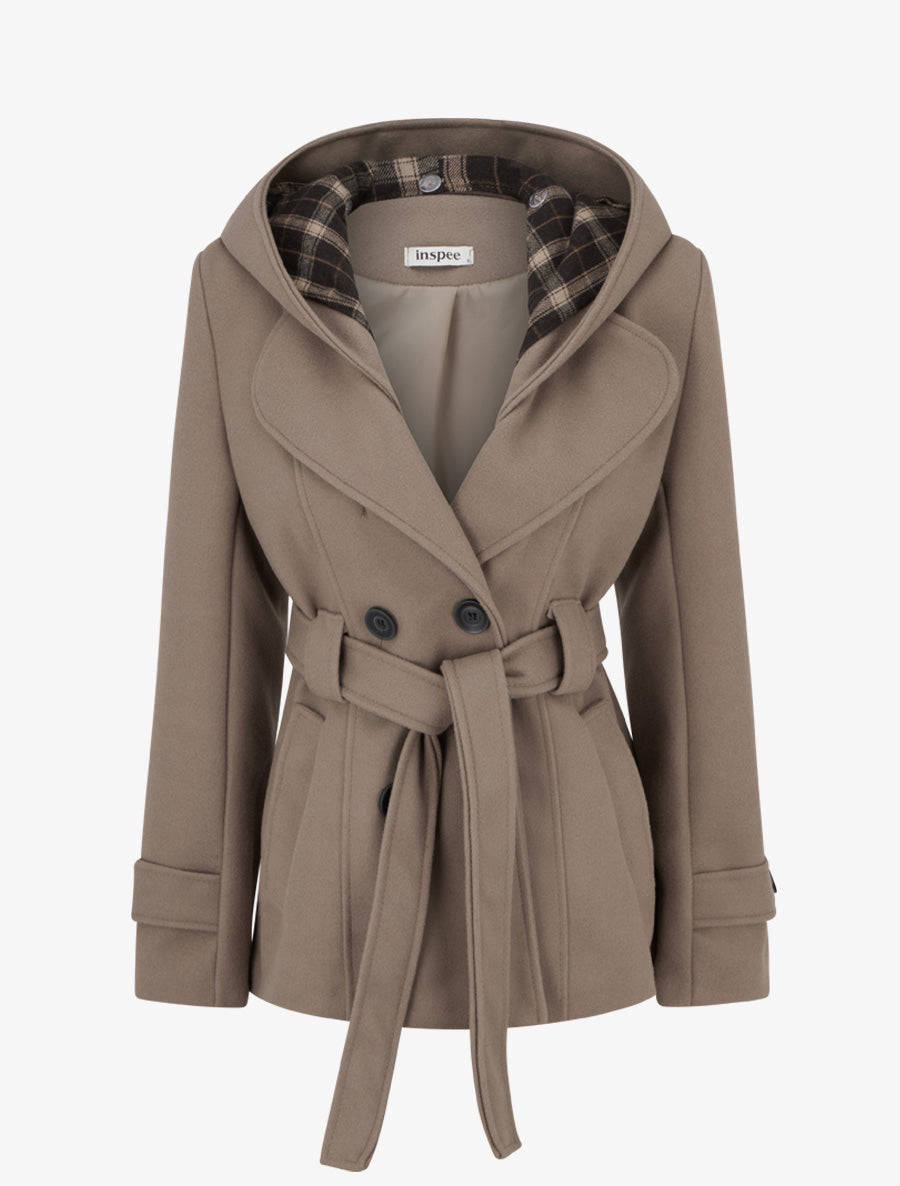 Manteau uni à capuche imprimée amovible - Taupe - 1