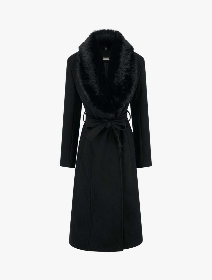 Manteau à col en fourrure synthétique amovible - Noir - 1