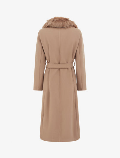 Manteau long ceinturé à fourrure synthétique amovible - Camel - 2