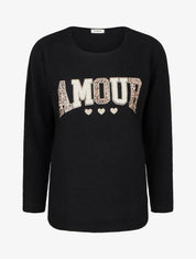 Pull uni floqué à col rond - Noir - 1