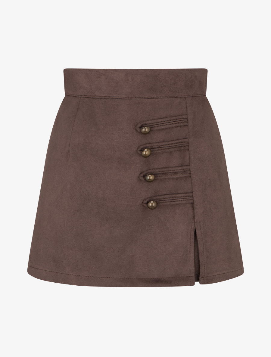 Jupe-short en suédine à boutons décoratifs - Marron - 1