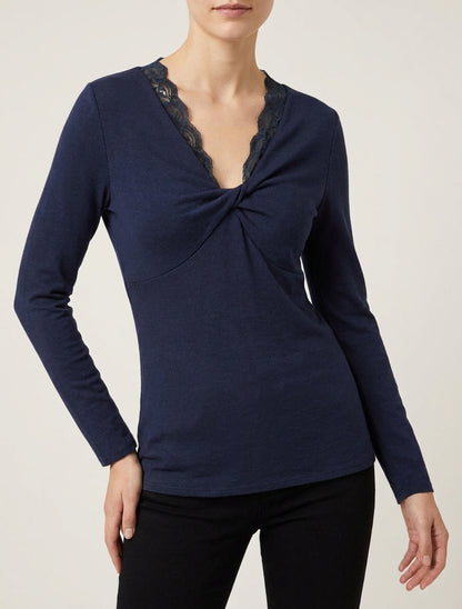 Feiner Pullover mit gebundenem Kragen - Marine