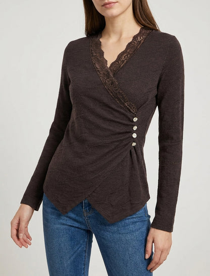 Feiner V-Ausschnitt-Pullover aus Spitze - Braun