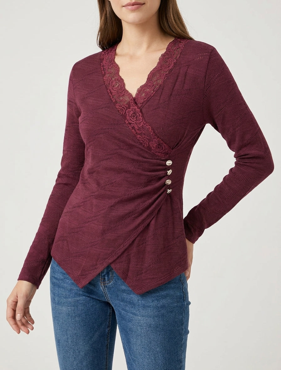 Feiner V-Ausschnitt-Pullover aus Spitze - Weinrot
