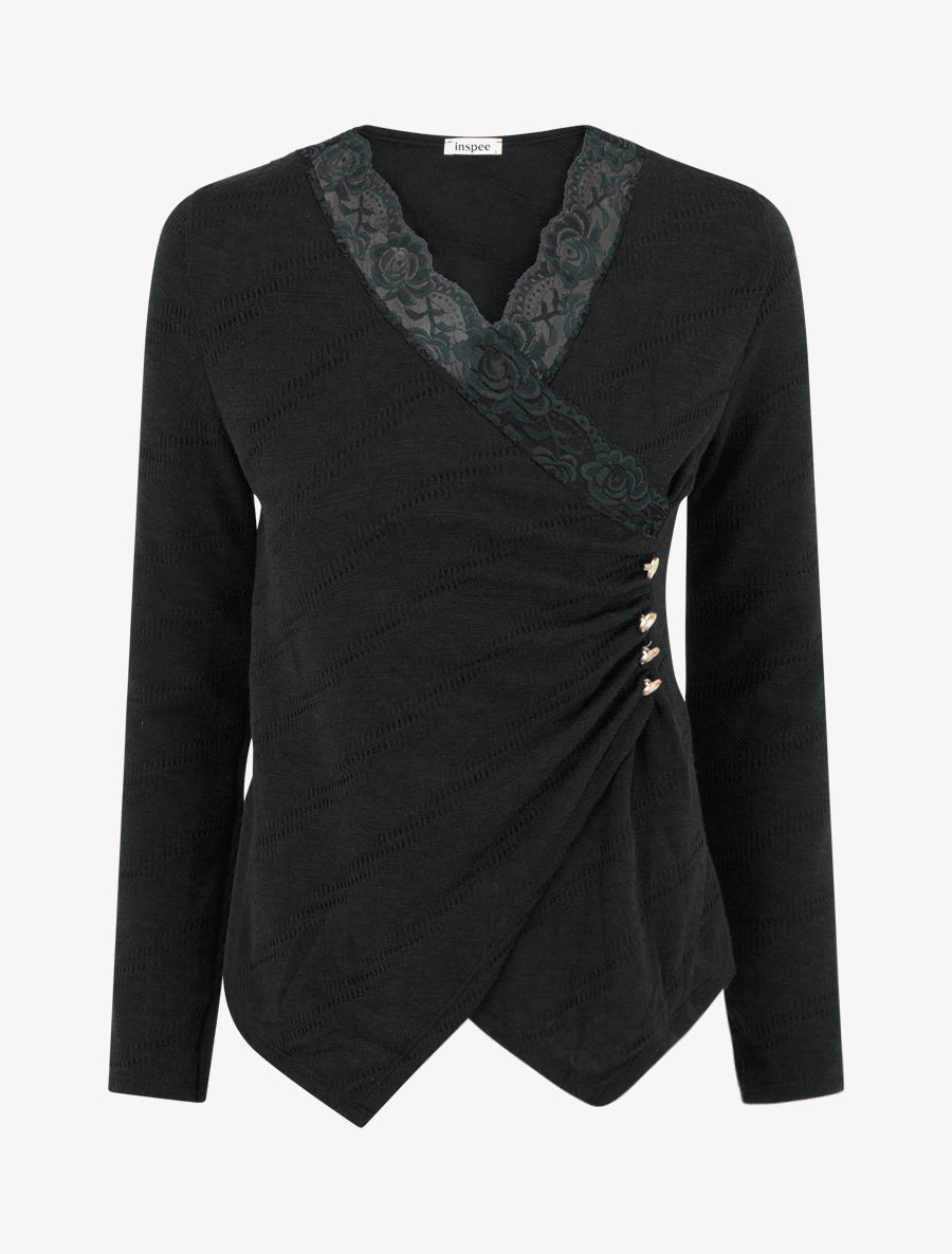 Pull fin à col V en dentelle - Noir - 1