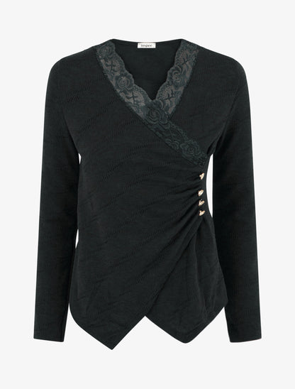 Pull fin à col V en dentelle - Noir - 1