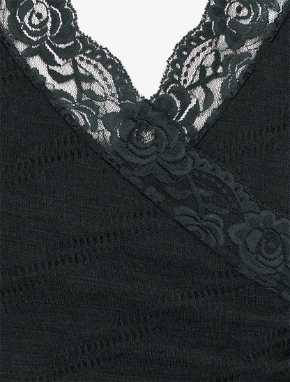 Pull fin à col V en dentelle - Noir - 3