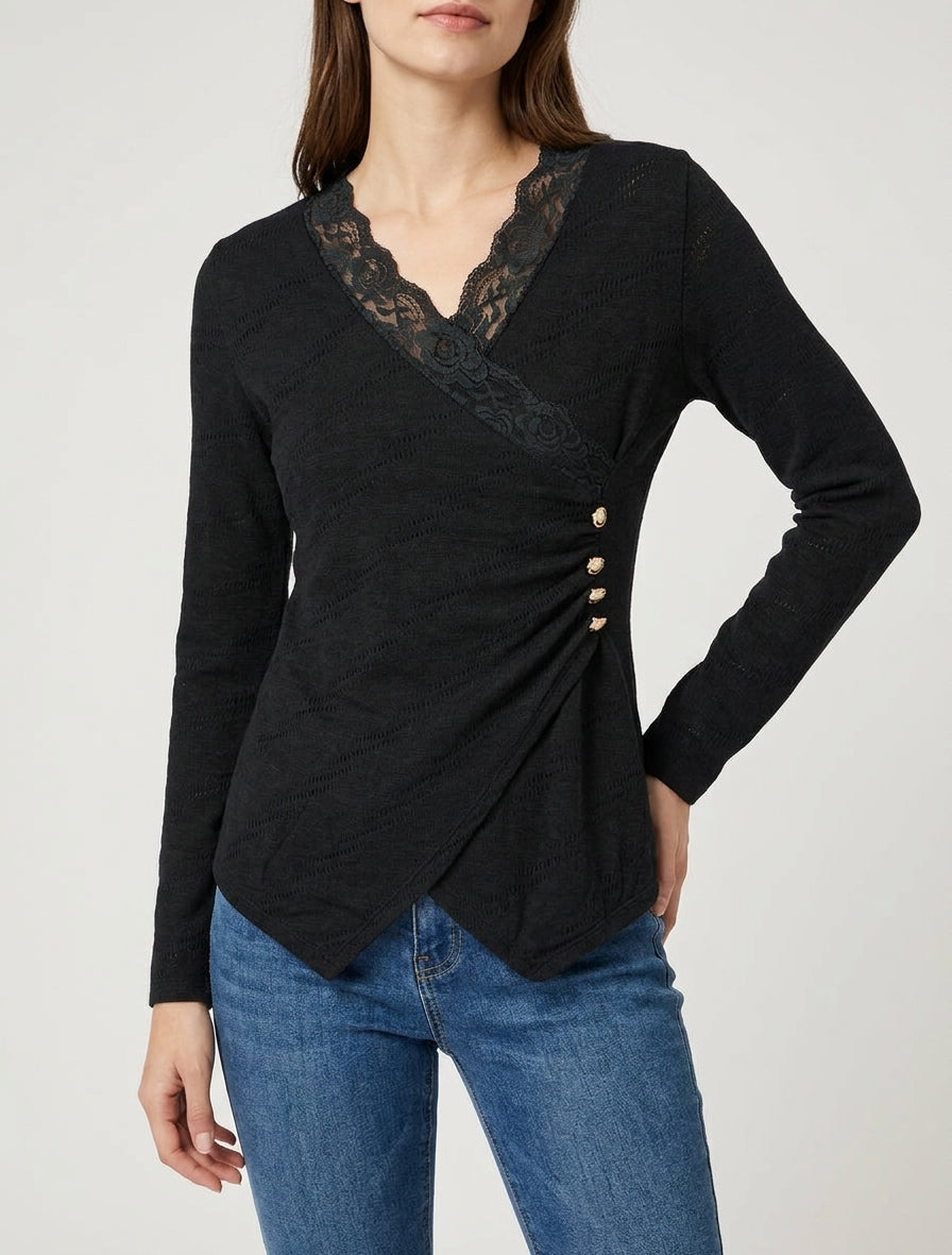 Feiner V-Ausschnitt-Pullover aus Spitze - Schwarz