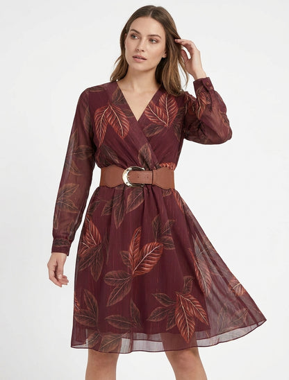 Elastisches Midikleid mit Blätterdruck - Weinrot