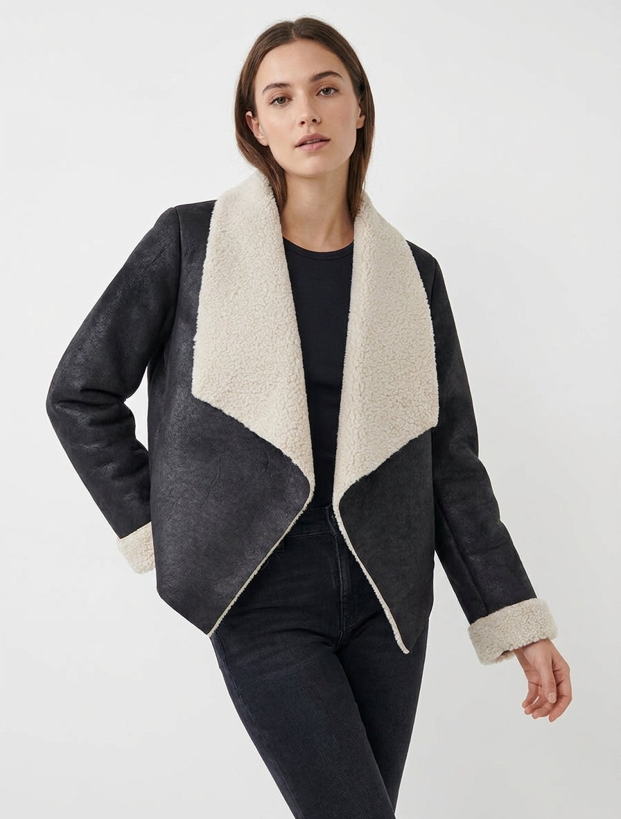 Fliegerjacke mit Schalkragen aus Kunstfell - Schwarz