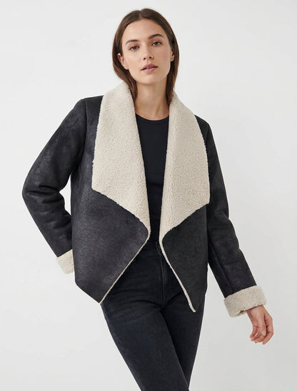 Fliegerjacke mit Schalkragen aus Kunstfell - Schwarz