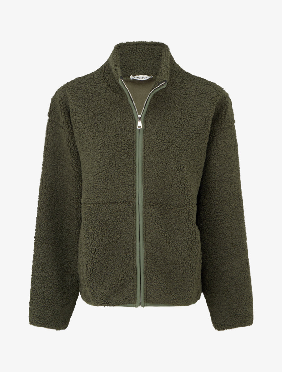Veste effet laine bouclée à col montant - Kaki - 1