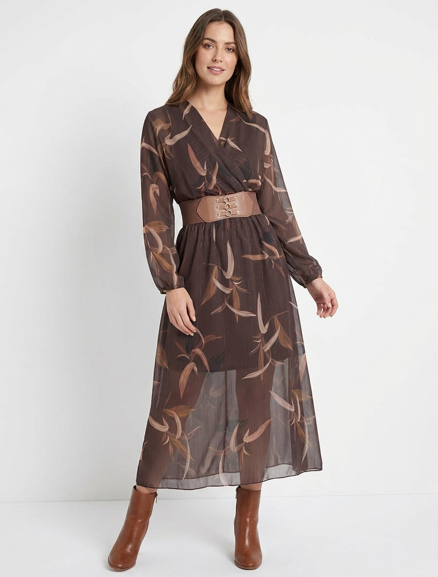 Langes Kleid mit Blattdruck und schimmernden Streifen - Braun