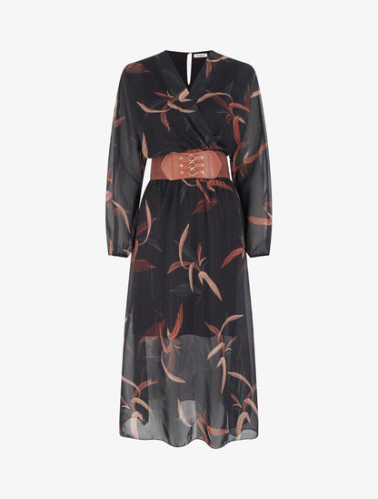 Robe longue imprimé feuilles à rayures irisées - Noir - 1