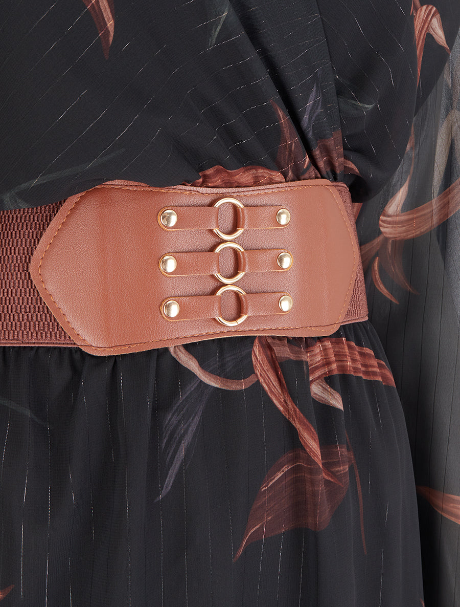 Robe longue imprimé feuilles à rayures irisées - Noir - 3
